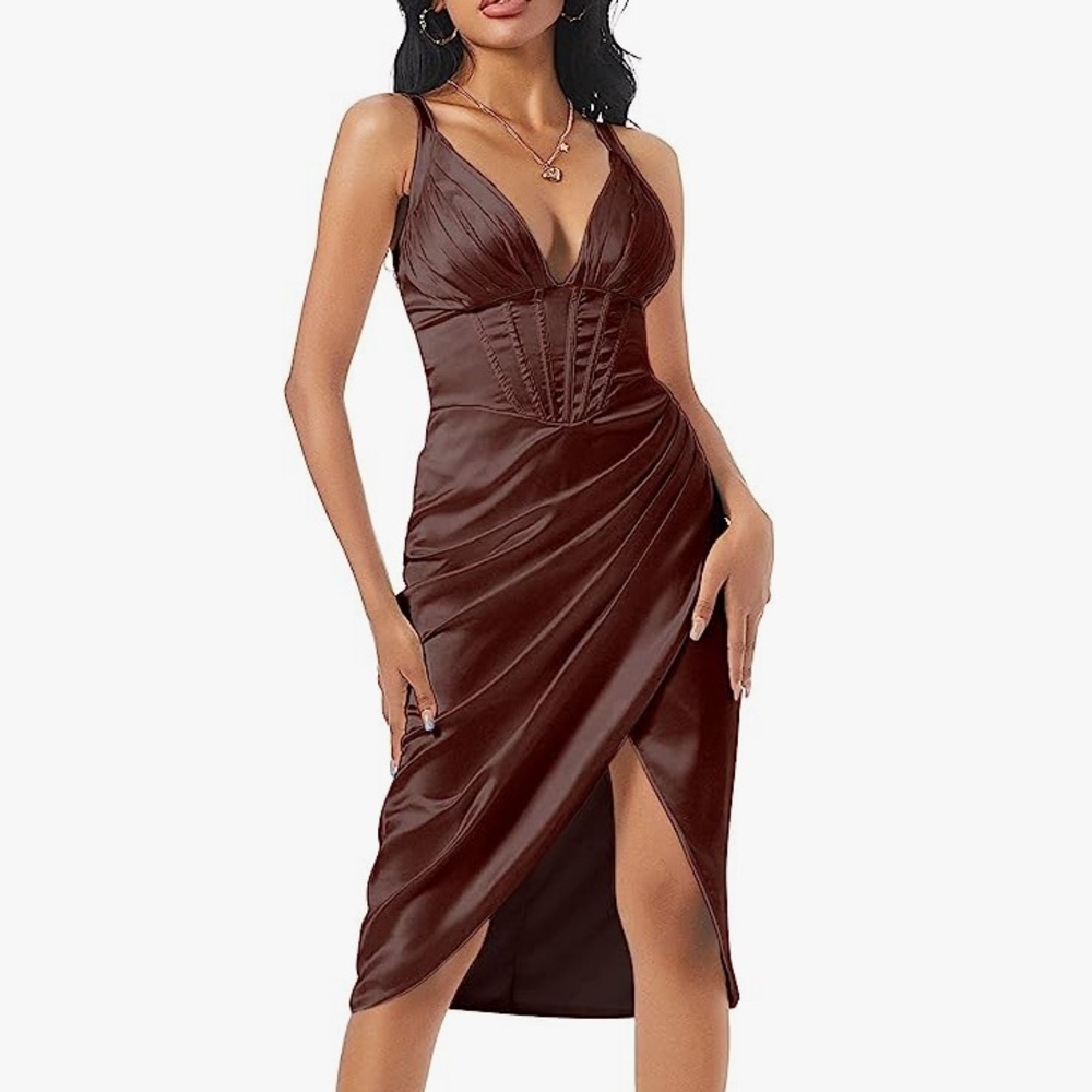Zaful Coffee Silky Pleated Corset Bodycon Dress